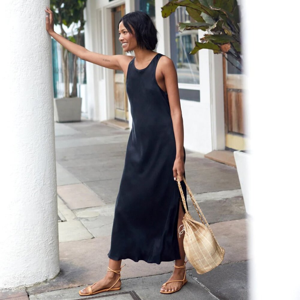 Outerknown Ellison Midi Slip Dress NWT, Black, Size XS